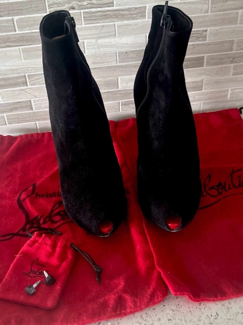 Christian Louboutin 120 Black Suede hidden Peep-Toe Ankle Boots